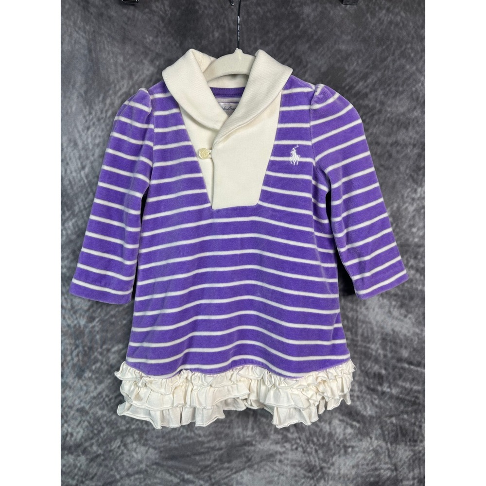 Ralph Lauren Velour Dress Sz 6M Purple Lavender Striped Ruffle Shawl Collar